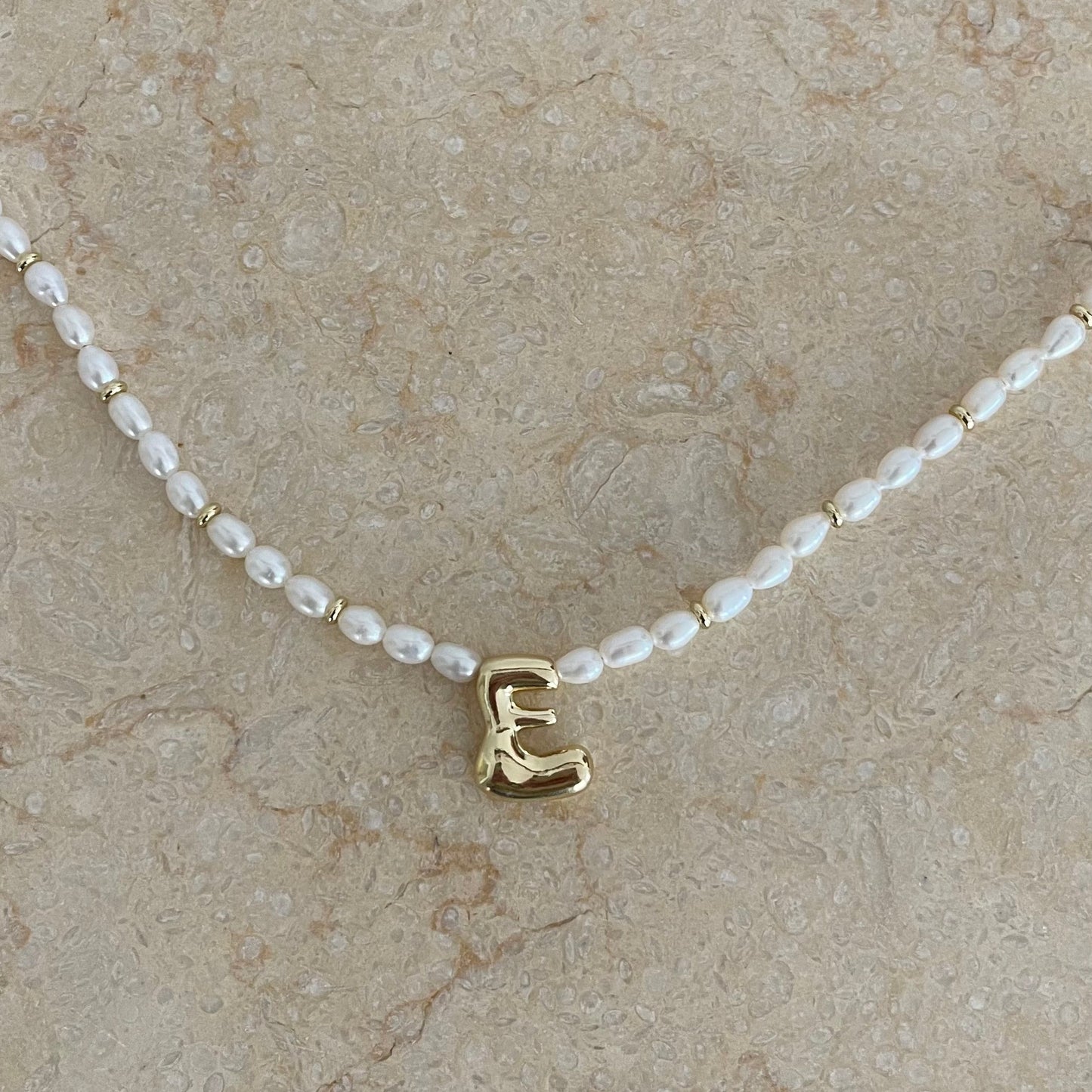 Piper Necklace - Rice Pearls with Gold Bubble Initial