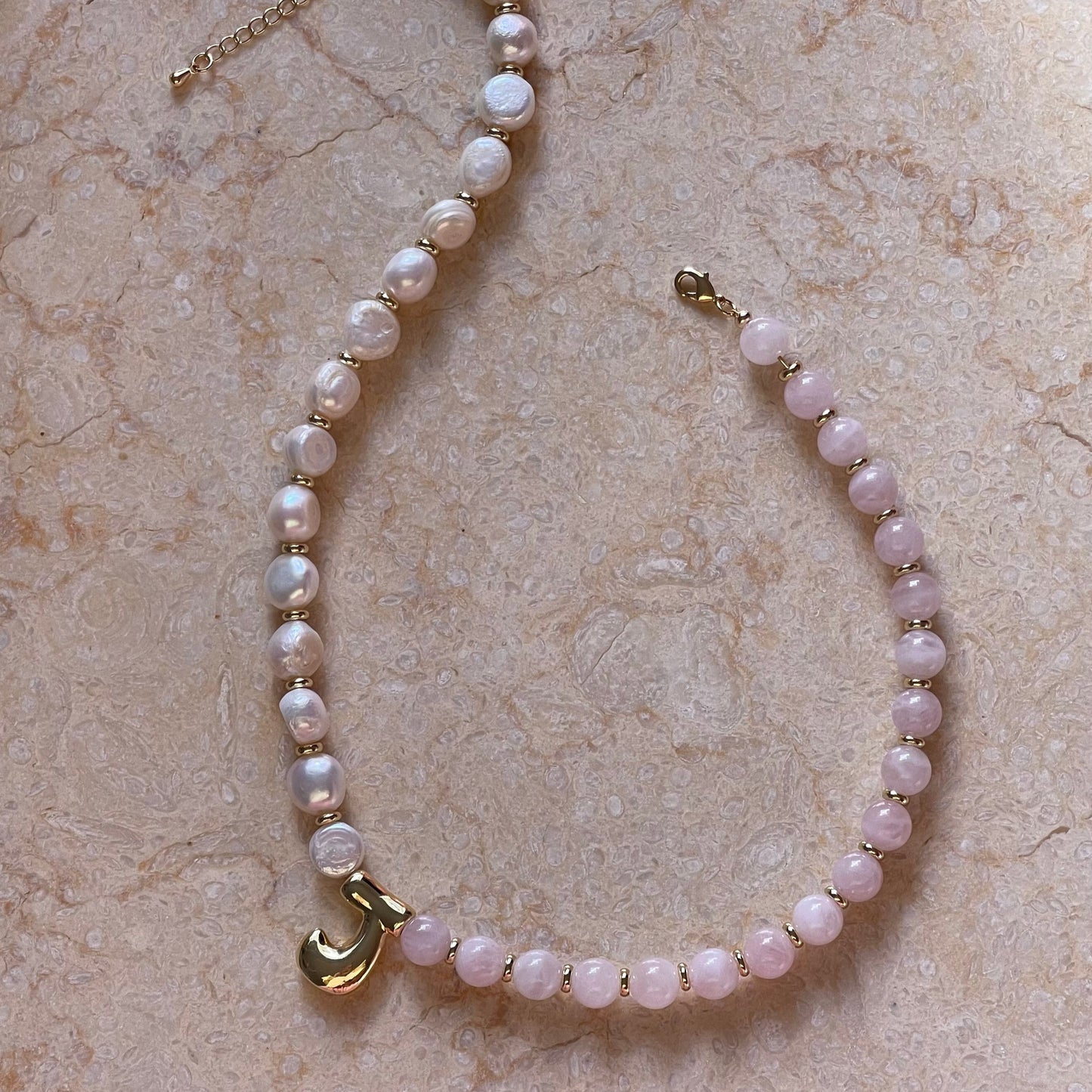 Rose Quartz Pearl Necklace with Gold Bubble Initial