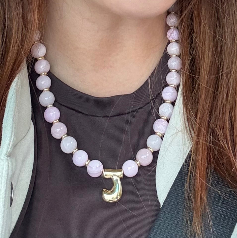 Purple Necklace with Gold Bubble Initial