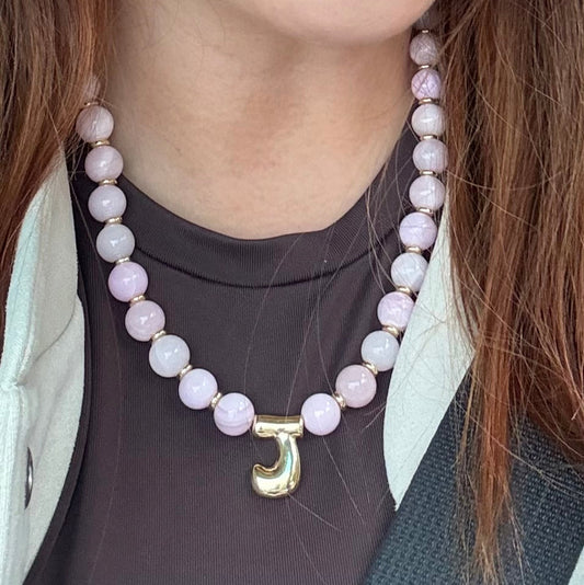 Purple Necklace with Gold Bubble Initial