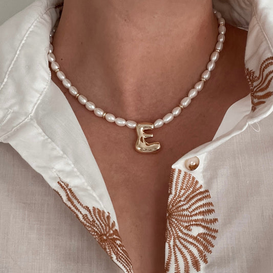 Piper Necklace - Rice Pearls with Gold Bubble Initial