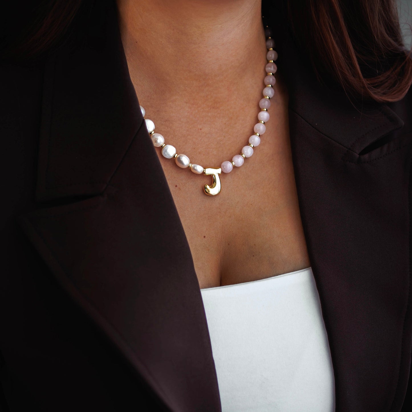 Rose Quartz Pearl Necklace with Gold Bubble Initial
