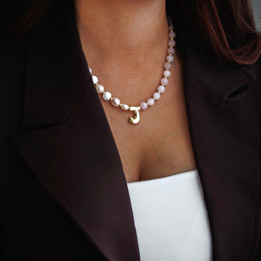 Rose Quartz Pearl Necklace with Gold Bubble Initial