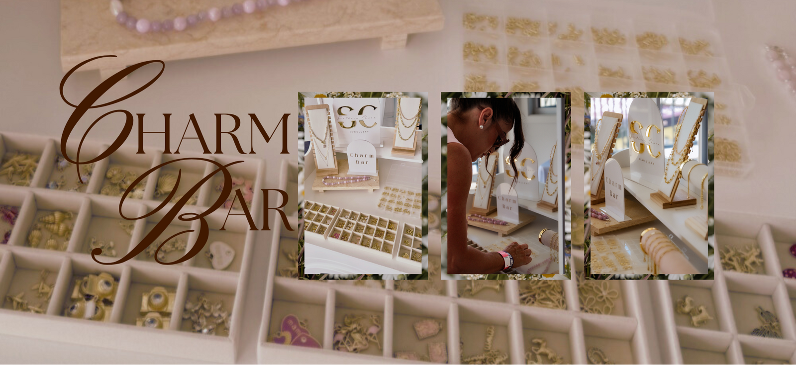 Jewelry display with 'Charm Bar' branding and various jewelry items.